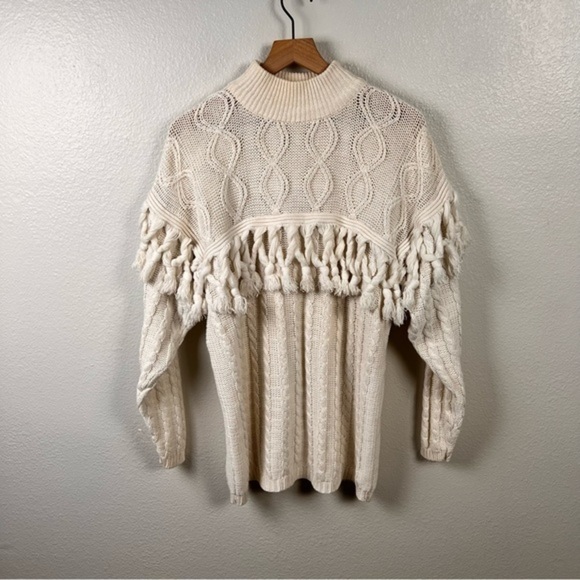 Express Sweaters - Express Tricot Vintage Tassel Fringe Knit Mock Neck Cream Sweater Sz S